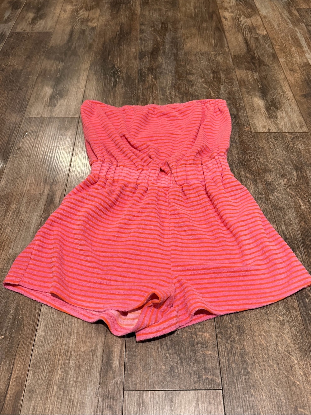 Strapless Coral Pink Striped Romper - Casual Summer Jumpsuit